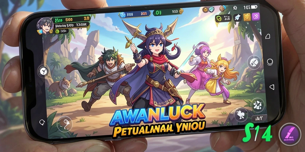 Tampilan gameplay seru dalam AWANLUCK dengan karakter anime yang berwarna-warni.