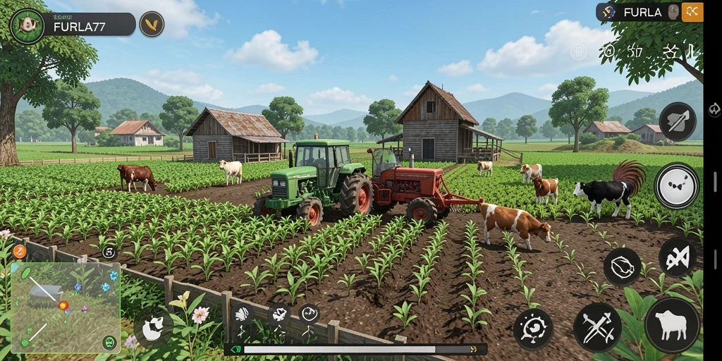 Gameplay FURLA77 dengan aktivitas pertanian yang mendebarkan.