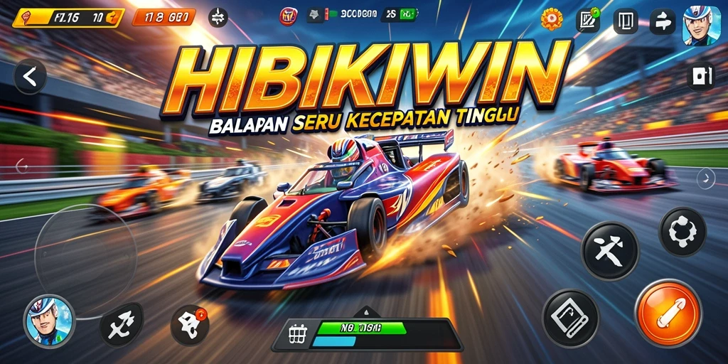 Tangkapan layar gameplay HIBIKIWIN menampilkan aksi balapan menegangkan.