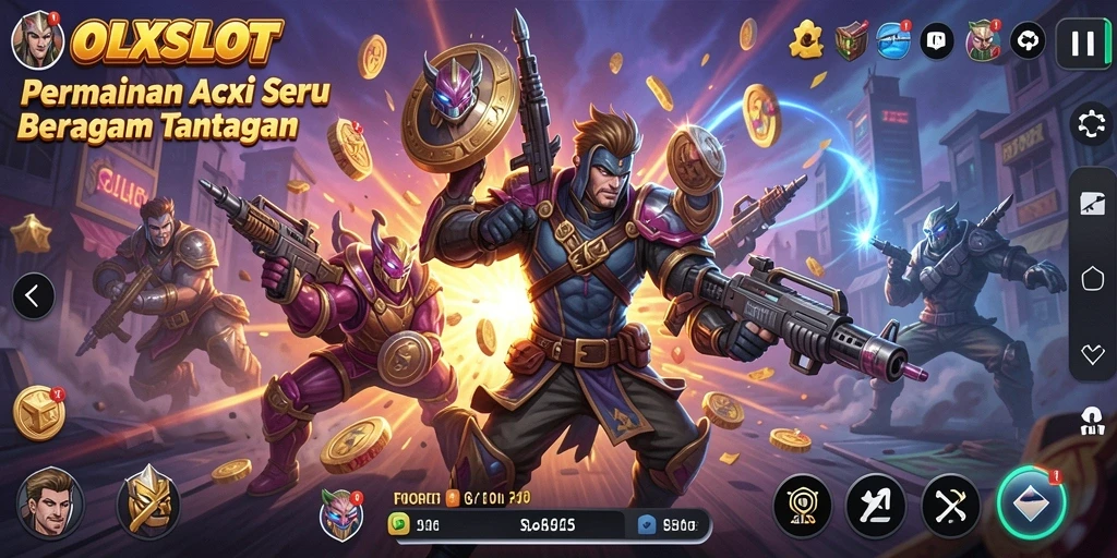 Screenshot gameplay OLXSLOT menunjukkan aksi mendebarkan di arena pertempuran.