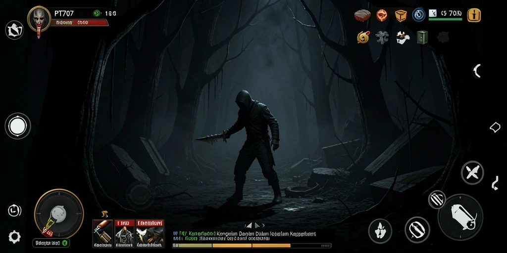 Tangkapan layar utama PT707 menampilkan suasana menyeramkan dan gameplay yang intens.