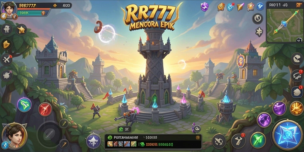 Screenshot utama RR777 menampilkan gameplay menara pertahanan yang menarik.
