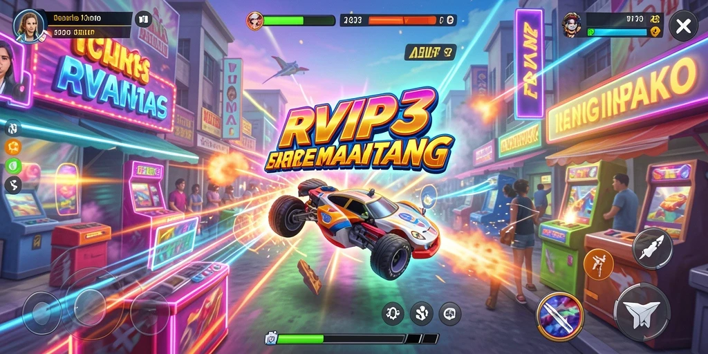 Screenshot utama RVIP3 menampilkan gameplay Arcade yang seru dan penuh warna.