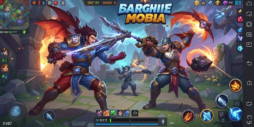 Screenshot gameplay <strong>V87</strong> menunjukkan pertarungan seru di arena MOBA.